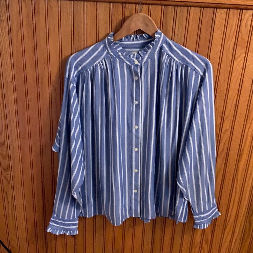 Anne Taylor Loft Striped Ruffle trim LS Shirt.  Size Large